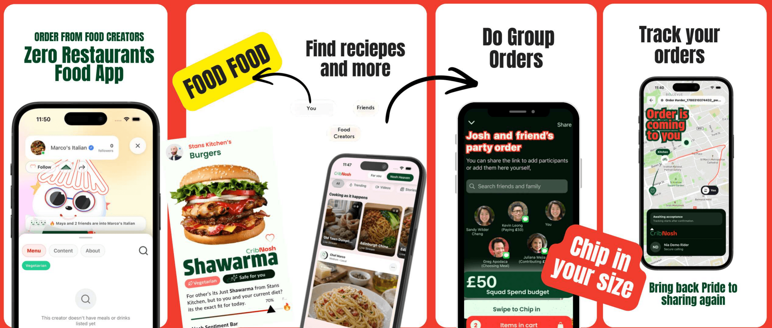 CribNosh ordering screens showing creator menus, group orders, and live food discovery.