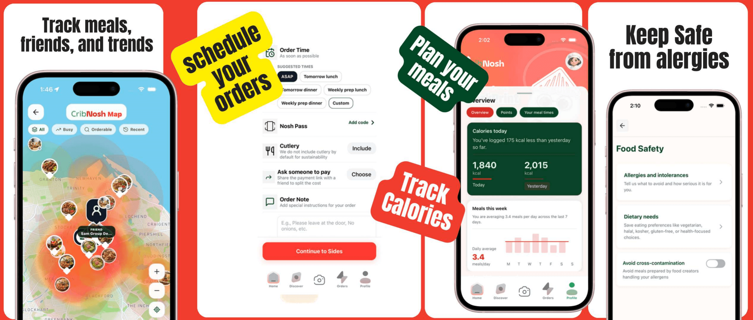 CribNosh meal planning and food safety screens with calorie tracking and allergies.