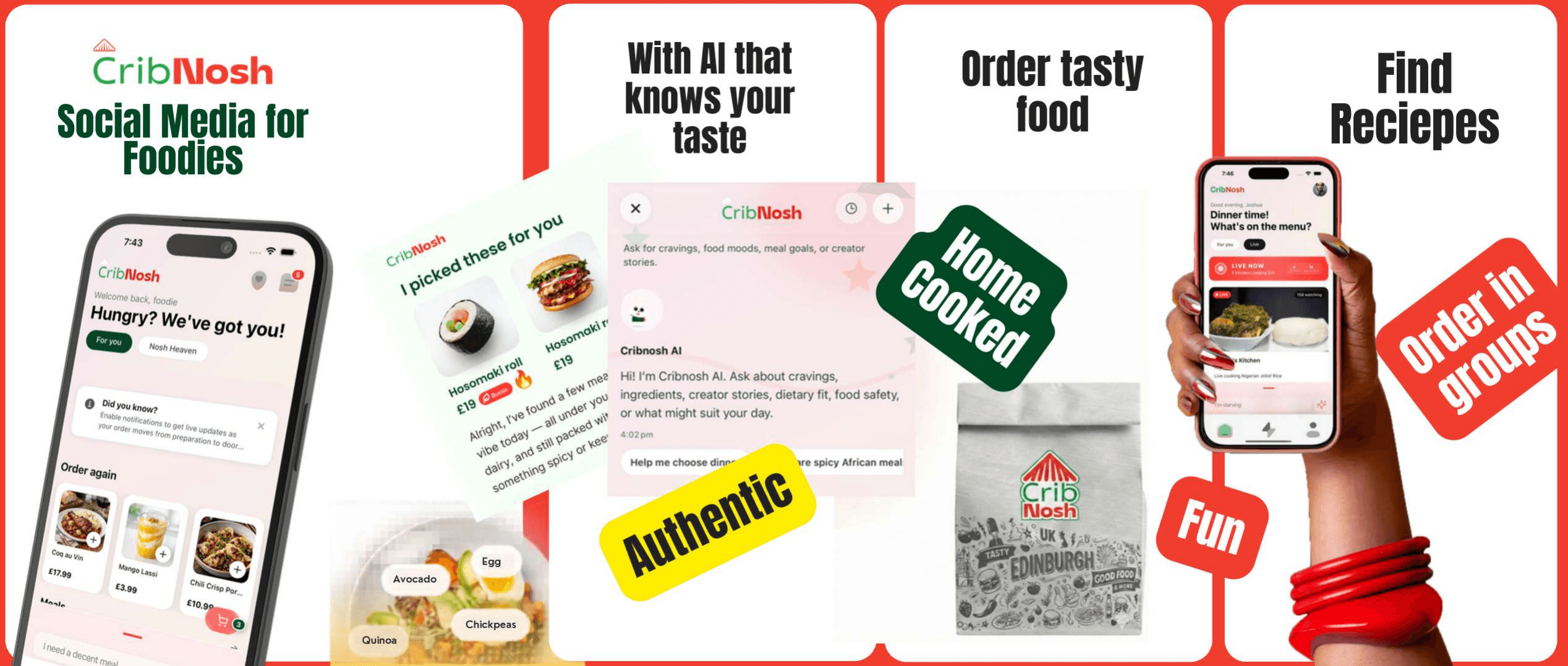 CribNosh social food experience showing creators, AI taste help, recipes, and ordering.